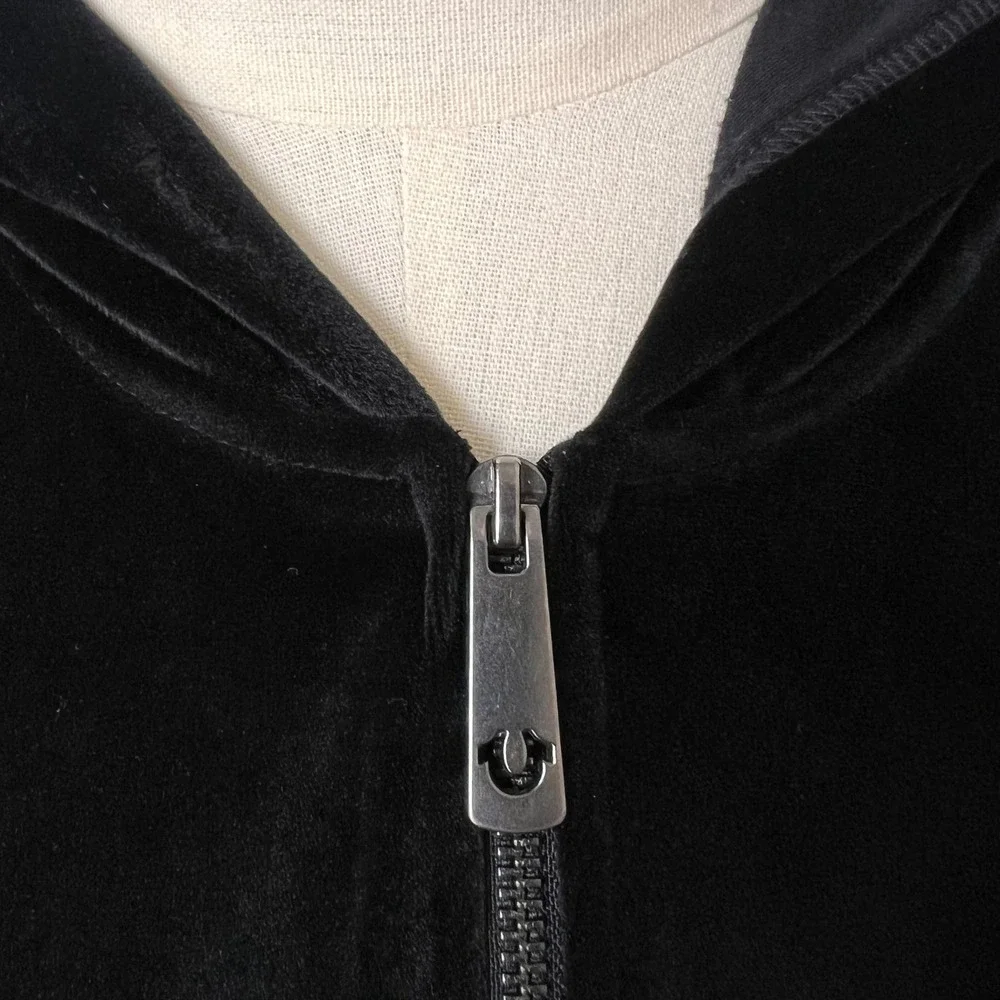 True Religion Mens Black Velour Zip Up Hoodie Horseshoe Velvet Logo‎ Black NWOT